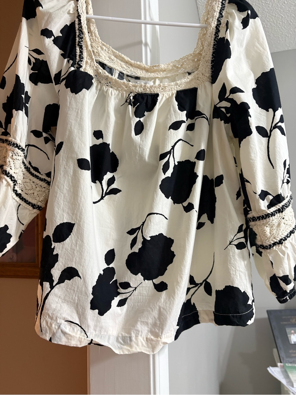 Maurices Black & White Floral Crochet-Trim Square Neck Blouse